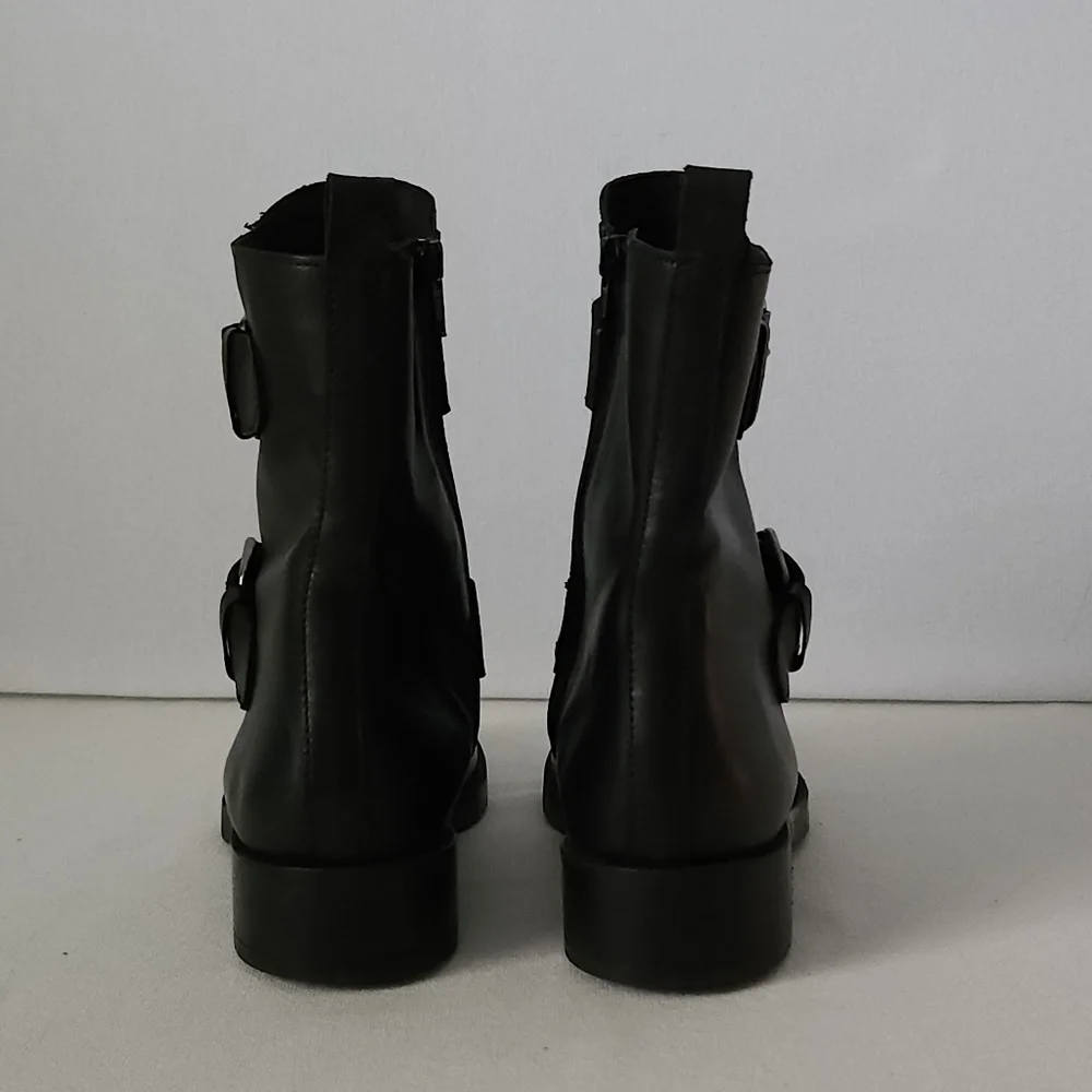 Emanuele Crasto Black Leather‎ Buckle Boots 38 US 8 Made Italy Mob Wife Moto